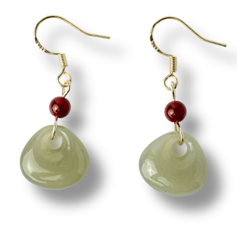 Cercei Argint 925 placat cu Aur, cu Hetian Jade si Agat Rosu Natural ,   Echilibru si Protectie Spirituala