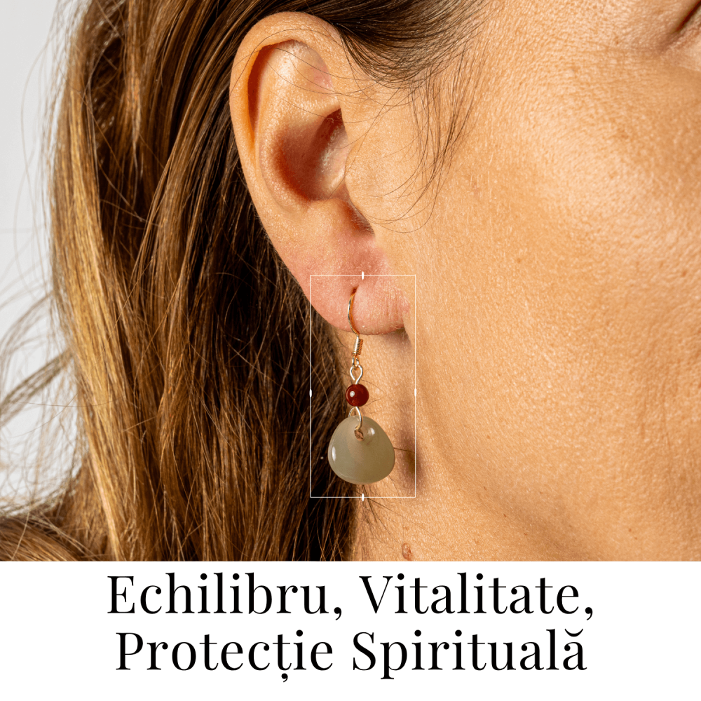 Cercei Argint 925 placat cu Aur, cu Hetian Jade si Agat Rosu Natural – Echilibru si Protectie Spirituala [2]
