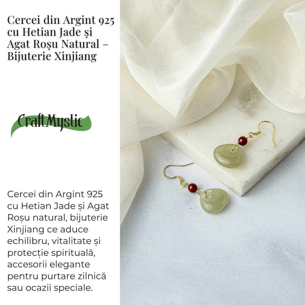 Cercei Argint 925 placat cu Aur, cu Hetian Jade si Agat Rosu Natural – Echilibru si Protectie Spirituala [3]