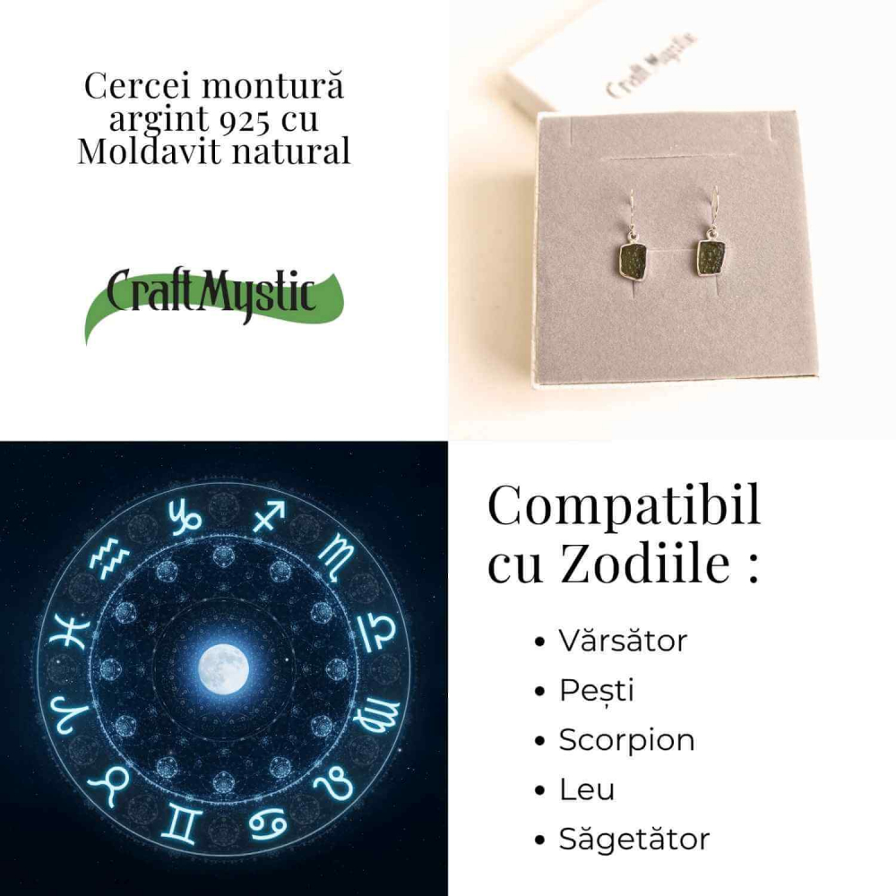 Cercei argint 925 cu Moldavit natural neuniform 2.1-2.8 grame – Transformare interioara si conexiune spirituala [5]