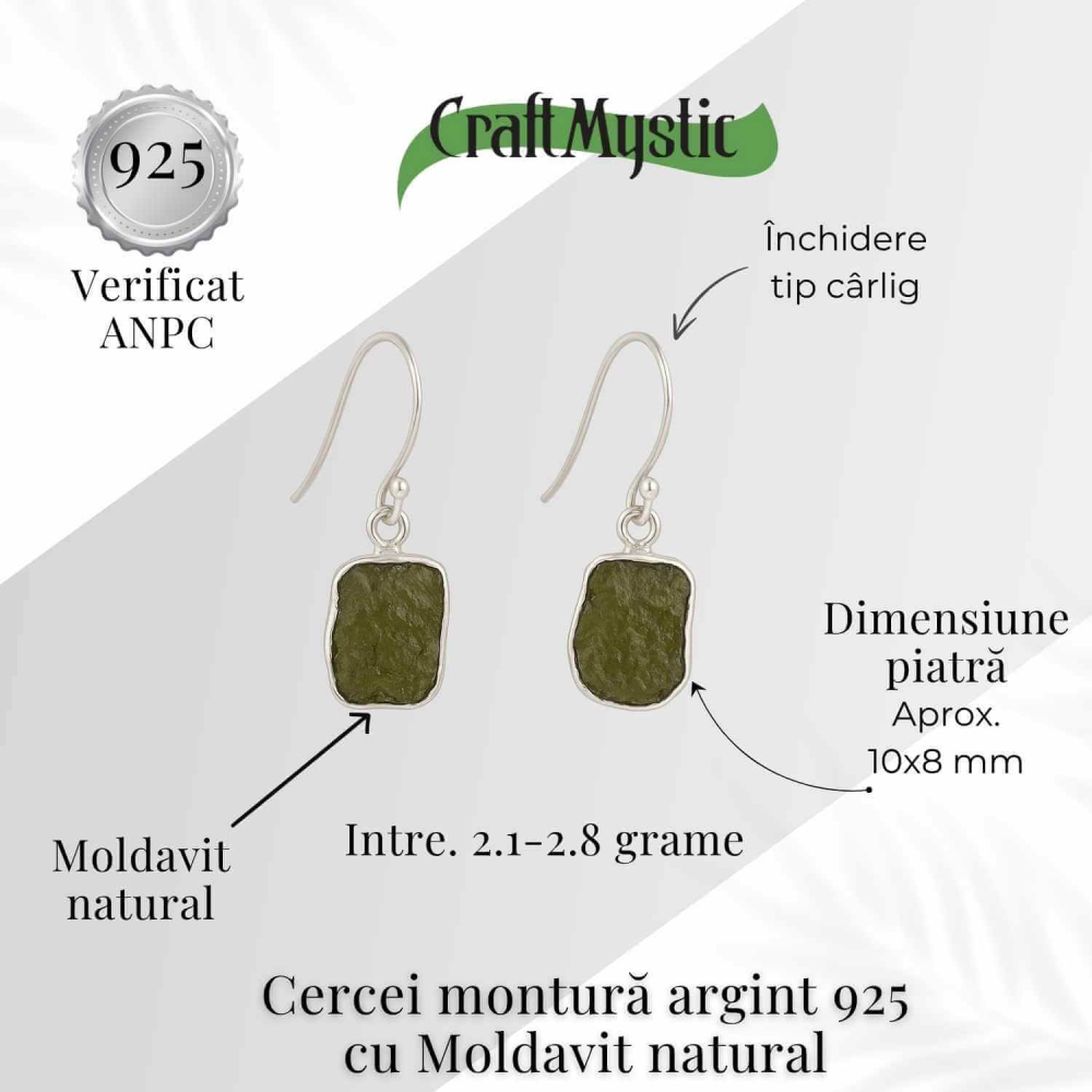 Cercei argint 925 cu Moldavit natural neuniform 2.1-2.8 grame – Transformare interioara si conexiune spirituala [2]