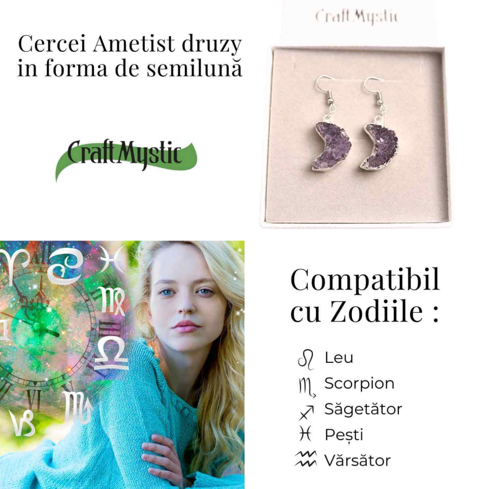 Cercei Argintii cu Ametist Natural Semilună - Protecție și Claritate [4]