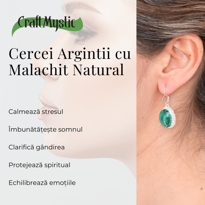 Cercei Argintii Eleganti cu Malachit Natural Oval de 16mm [2]