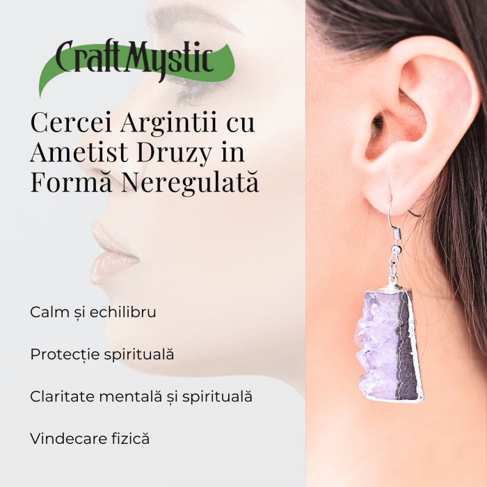 Descopera acum cum acesti cercei unici cu Ametist druzy pot aduce calm si echilibru spiritual in viata ta.  Cadoul Perfect pentru Cei Dragi: Acești cercei eleganți cu piatră naturală de Ametist druzy în formă neregulată sunt cadoul ideal pentru persoanele care apreciază bijuteriile unice și pline de semnificație. Sunt potriviți pentru aniversări, sărbători sau orice ocazie specială, oferind un simbol al păcii și echilibrului interior.  Beneficiile Ametistului: Ametistul druzy este cunoscut pentru capacitatea sa de a calma mintea și de a oferi protecție spirituală. Purtând acești cercei, vei experimenta o reducere a stresului și o creștere a clarității mentale. Această piatră este ideală pentru meditație și pentru a aduce un echilibru emoțional în viața de zi cu zi, promovând liniștea interioară.  Semnificație și Design: Acești cercei argintii cu Ametist druzy în formă neregulată nu sunt doar bijuterii frumoase, ci și simboluri ale echilibrului și protecției spirituale. Cu o dimensiune a pietrei de 3-3.5 cm și o greutate aproximativă de 10 grame per cercel, acești cercei sunt suficient de impunători pentru a atrage atenția, dar și confortabili pentru purtarea zilnică. Prinderea cu cârlig asigură o fixare sigură și ușor de utilizat.  Unicitate și Frumusețe: Pietrele de Ametist druzy utilizate sunt naturale, ceea ce înseamnă că fiecare pereche de cercei este unică. Pot exista mici variații de culoare și textură față de imaginile prezentate, conferind fiecărei perechi o frumusețe distinctă și un farmec aparte.  Zodii Compatibile: Ametistul este o piatră potrivită pentru zodiile Pești, Vărsător, Capricorn și Fecioară. Aceasta promovează calmul, echilibrul emoțional și protecția spirituală, fiind ideală pentru cei care doresc să își îmbunătățească conexiunea spirituală și să reducă stresul zilnic.  Cum Să Folosești Produsul în 3 Pași Simpli:  Deschide cârligul cerceilor și introdu-i în urechi. Fixează cârligul pentru a asigura o prindere sigură. Poartă-i zilnic pentru a beneficia de calmul și echilibrul oferite de Ametistul druzy. Specificații Tehnice:  Dimensiune piatră: 3-3.5 cm Greutate aproximativă per cercel: 10 grame Tipul de prindere: Cârlig Tipul metalului și culoarea: Metal comun argintiu, folosit în mod uzual la bijuterii, rezistent la oxidare Notă privind pietrele: Pietrele utilizate sunt naturale, astfel că pot exista diferențe față de poze în ceea ce privește textura și mici variații de culoare, asigurând unicitatea și frumusețea fiecărei perechi de cercei. Adaugă acești cercei cu Ametist druzy în coșul tău de cumpărături acum și bucură-te de calmul și echilibrul spiritual pe care le pot aduce în viața ta! Fă un pas înainte spre liniște interioară și protecție spirituală cu aceste bijuterii unice. [3]