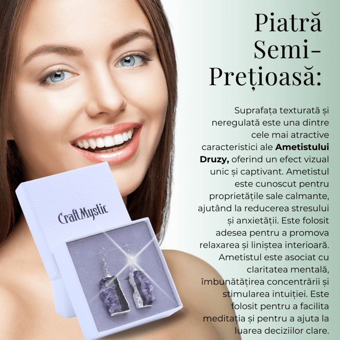 Descopera acum cum acesti cercei unici cu Ametist druzy pot aduce calm si echilibru spiritual in viata ta.  Cadoul Perfect pentru Cei Dragi: Acești cercei eleganți cu piatră naturală de Ametist druzy în formă neregulată sunt cadoul ideal pentru persoanele care apreciază bijuteriile unice și pline de semnificație. Sunt potriviți pentru aniversări, sărbători sau orice ocazie specială, oferind un simbol al păcii și echilibrului interior.  Beneficiile Ametistului: Ametistul druzy este cunoscut pentru capacitatea sa de a calma mintea și de a oferi protecție spirituală. Purtând acești cercei, vei experimenta o reducere a stresului și o creștere a clarității mentale. Această piatră este ideală pentru meditație și pentru a aduce un echilibru emoțional în viața de zi cu zi, promovând liniștea interioară.  Semnificație și Design: Acești cercei argintii cu Ametist druzy în formă neregulată nu sunt doar bijuterii frumoase, ci și simboluri ale echilibrului și protecției spirituale. Cu o dimensiune a pietrei de 3-3.5 cm și o greutate aproximativă de 10 grame per cercel, acești cercei sunt suficient de impunători pentru a atrage atenția, dar și confortabili pentru purtarea zilnică. Prinderea cu cârlig asigură o fixare sigură și ușor de utilizat.  Unicitate și Frumusețe: Pietrele de Ametist druzy utilizate sunt naturale, ceea ce înseamnă că fiecare pereche de cercei este unică. Pot exista mici variații de culoare și textură față de imaginile prezentate, conferind fiecărei perechi o frumusețe distinctă și un farmec aparte.  Zodii Compatibile: Ametistul este o piatră potrivită pentru zodiile Pești, Vărsător, Capricorn și Fecioară. Aceasta promovează calmul, echilibrul emoțional și protecția spirituală, fiind ideală pentru cei care doresc să își îmbunătățească conexiunea spirituală și să reducă stresul zilnic.  Cum Să Folosești Produsul în 3 Pași Simpli:  Deschide cârligul cerceilor și introdu-i în urechi. Fixează cârligul pentru a asigura o prindere sigură. Poartă-i zilnic pentru a beneficia de calmul și echilibrul oferite de Ametistul druzy. Specificații Tehnice:  Dimensiune piatră: 3-3.5 cm Greutate aproximativă per cercel: 10 grame Tipul de prindere: Cârlig Tipul metalului și culoarea: Metal comun argintiu, folosit în mod uzual la bijuterii, rezistent la oxidare Notă privind pietrele: Pietrele utilizate sunt naturale, astfel că pot exista diferențe față de poze în ceea ce privește textura și mici variații de culoare, asigurând unicitatea și frumusețea fiecărei perechi de cercei. Adaugă acești cercei cu Ametist druzy în coșul tău de cumpărături acum și bucură-te de calmul și echilibrul spiritual pe care le pot aduce în viața ta! Fă un pas înainte spre liniște interioară și protecție spirituală cu aceste bijuterii unice. [5]
