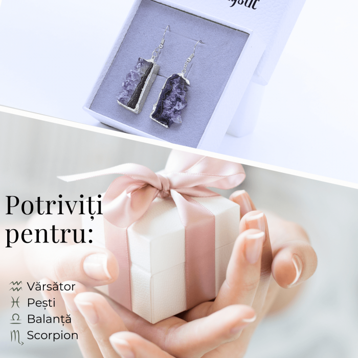 Descopera acum cum acesti cercei unici cu Ametist druzy pot aduce calm si echilibru spiritual in viata ta.  Cadoul Perfect pentru Cei Dragi: Acești cercei eleganți cu piatră naturală de Ametist druzy în formă neregulată sunt cadoul ideal pentru persoanele care apreciază bijuteriile unice și pline de semnificație. Sunt potriviți pentru aniversări, sărbători sau orice ocazie specială, oferind un simbol al păcii și echilibrului interior.  Beneficiile Ametistului: Ametistul druzy este cunoscut pentru capacitatea sa de a calma mintea și de a oferi protecție spirituală. Purtând acești cercei, vei experimenta o reducere a stresului și o creștere a clarității mentale. Această piatră este ideală pentru meditație și pentru a aduce un echilibru emoțional în viața de zi cu zi, promovând liniștea interioară.  Semnificație și Design: Acești cercei argintii cu Ametist druzy în formă neregulată nu sunt doar bijuterii frumoase, ci și simboluri ale echilibrului și protecției spirituale. Cu o dimensiune a pietrei de 3-3.5 cm și o greutate aproximativă de 10 grame per cercel, acești cercei sunt suficient de impunători pentru a atrage atenția, dar și confortabili pentru purtarea zilnică. Prinderea cu cârlig asigură o fixare sigură și ușor de utilizat.  Unicitate și Frumusețe: Pietrele de Ametist druzy utilizate sunt naturale, ceea ce înseamnă că fiecare pereche de cercei este unică. Pot exista mici variații de culoare și textură față de imaginile prezentate, conferind fiecărei perechi o frumusețe distinctă și un farmec aparte.  Zodii Compatibile: Ametistul este o piatră potrivită pentru zodiile Pești, Vărsător, Capricorn și Fecioară. Aceasta promovează calmul, echilibrul emoțional și protecția spirituală, fiind ideală pentru cei care doresc să își îmbunătățească conexiunea spirituală și să reducă stresul zilnic.  Cum Să Folosești Produsul în 3 Pași Simpli:  Deschide cârligul cerceilor și introdu-i în urechi. Fixează cârligul pentru a asigura o prindere sigură. Poartă-i zilnic pentru a beneficia de calmul și echilibrul oferite de Ametistul druzy. Specificații Tehnice:  Dimensiune piatră: 3-3.5 cm Greutate aproximativă per cercel: 10 grame Tipul de prindere: Cârlig Tipul metalului și culoarea: Metal comun argintiu, folosit în mod uzual la bijuterii, rezistent la oxidare Notă privind pietrele: Pietrele utilizate sunt naturale, astfel că pot exista diferențe față de poze în ceea ce privește textura și mici variații de culoare, asigurând unicitatea și frumusețea fiecărei perechi de cercei. Adaugă acești cercei cu Ametist druzy în coșul tău de cumpărături acum și bucură-te de calmul și echilibrul spiritual pe care le pot aduce în viața ta! Fă un pas înainte spre liniște interioară și protecție spirituală cu aceste bijuterii unice. [4]