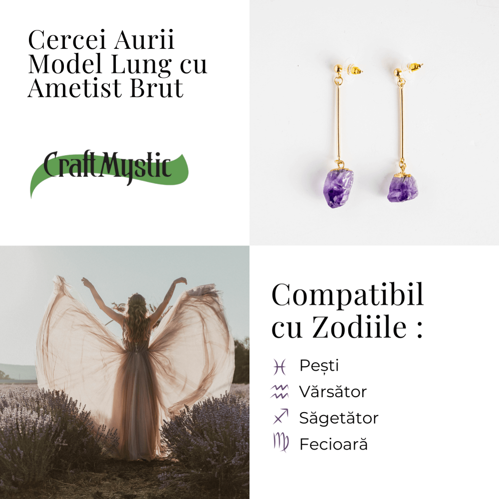 Cercei Aurii Lungii cu Ametist Brut Natural – Eleganta si Protectie Spirituala [5]