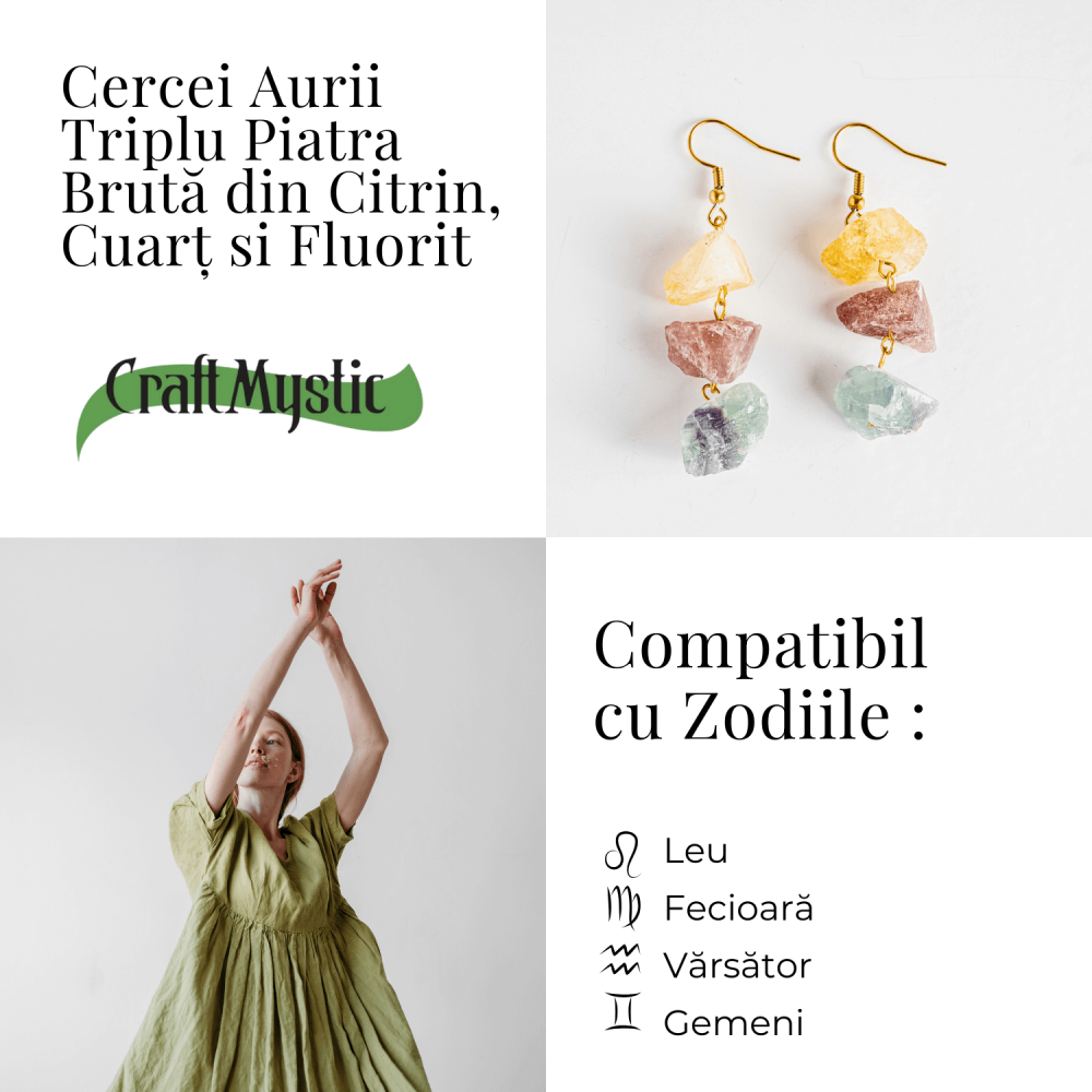 Cercei Aurii cu Citrin, Cuart Roz si Fluorit – Energie Pozitiva si Unicitate [5]