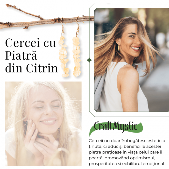 Cercei Lungi cu Pietre Semipretioase de Citrin Natural si Elemente din Alama, Bijuterii Aurii pentru Femei [5]