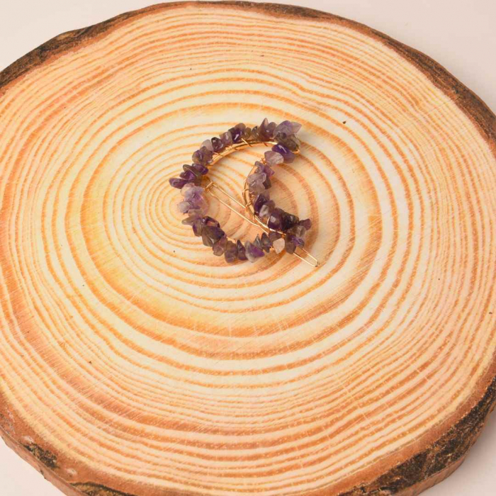 Cleme de par in forma de semiluna cu piatra naturala semipretioasa Ametist pentru un look chic si vibratii pozitive [5]