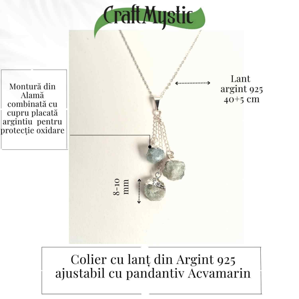 Colier cu lant argint 925 si pandantiv argintiu cu 3 pietre de Acvamarin – Calm si Eleganta [4]