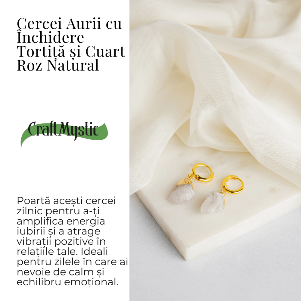 Cercei Aurii cu Cuart Roz Brut Natural – Iubire si Echilibru [3]