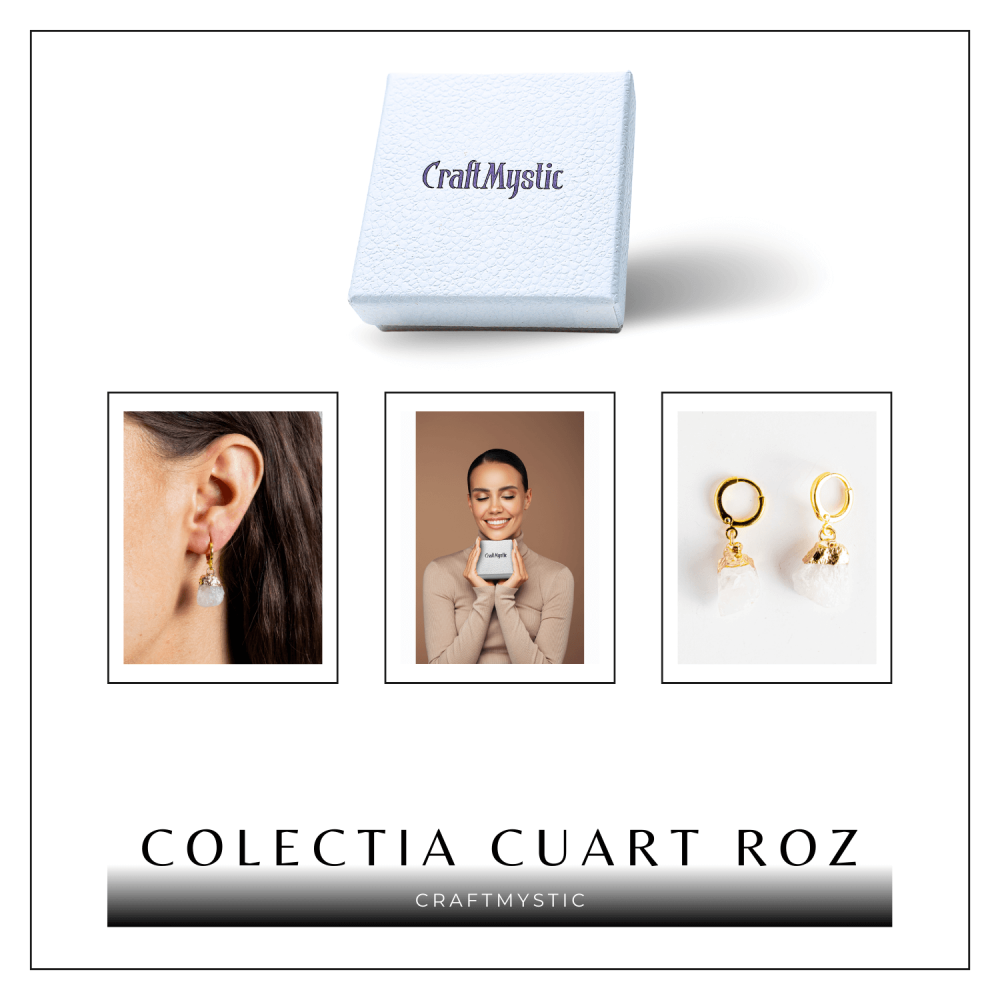 Cercei Aurii cu Cuart Roz Brut Natural – Iubire si Echilibru [7]