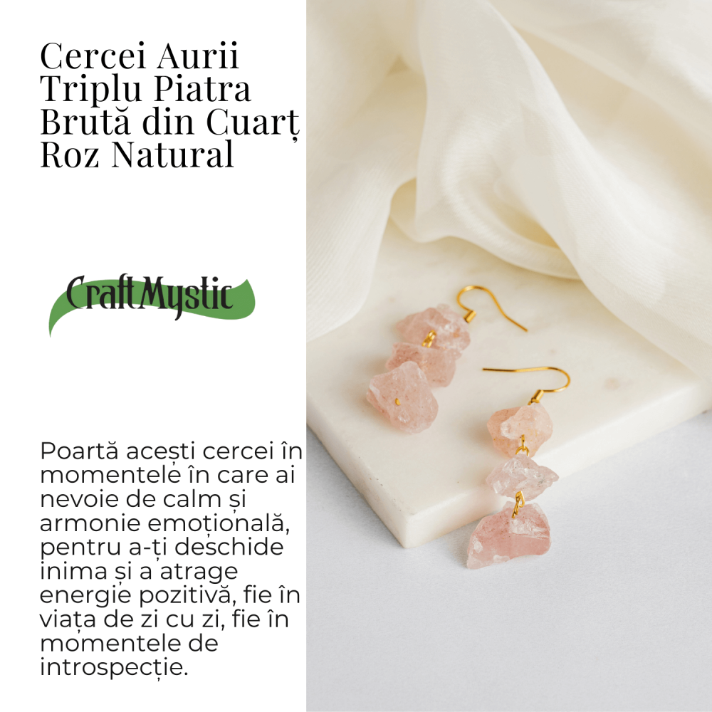 Cercei Cuart Roz Natural Brut Triplu piatra – Iubire, Armonie si Echilibru [3]