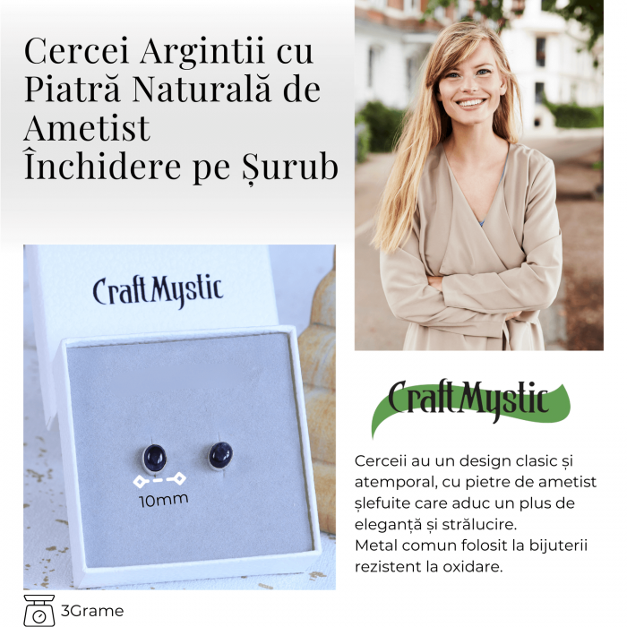 Cercei Eleganti cu Ametist Natural inchidere pe surub, pentru calm si echilibru [4]
