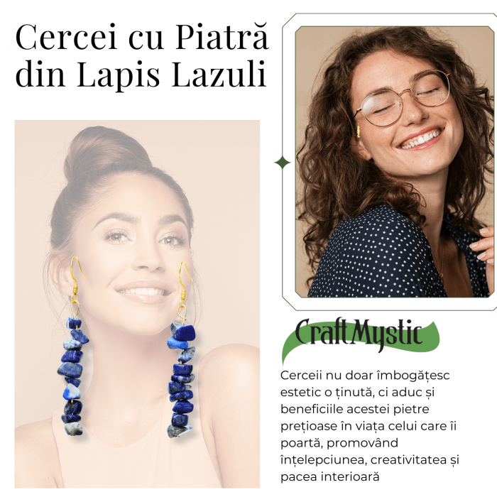 Cercei Lungi cu Pietre Semipretioase de Lapis Lazuli si Elemente din Alama, Bijuterii Aurii pentru Femei [3]