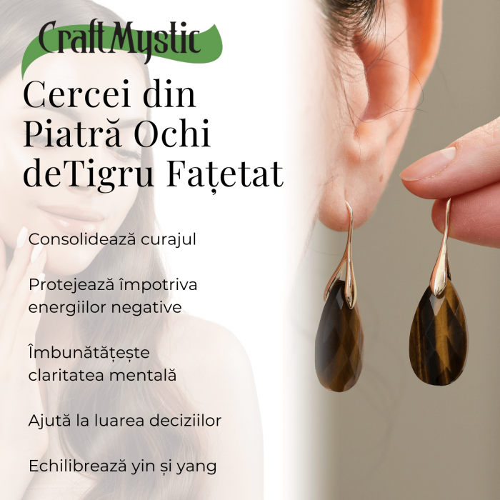 Cercei Eleganti cu Metal Auriu si Piatra Naturala din Ochi de Tigru Fatetat [4]