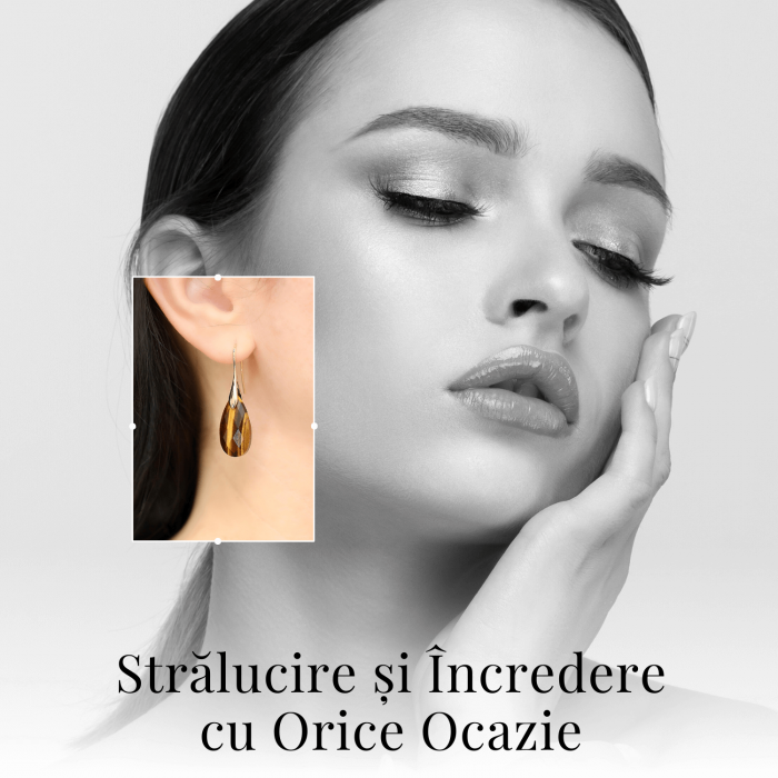 Cercei Eleganti cu Metal Auriu si Piatra Naturala din Ochi de Tigru Fatetat [8]
