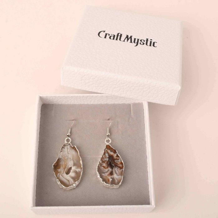 Cercei cu piatra semipretioasa naturala onyx deschis forma geoda cu metal placat argintiu [3]