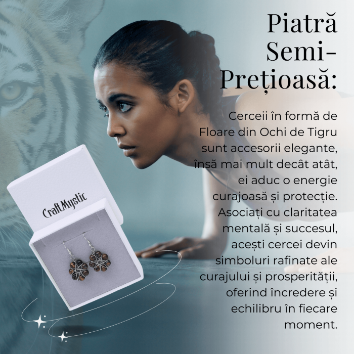 Cercei Argintii in Forma de Floare cu Ochi de Tigru - Sporirea Curajului si Claritatii Mentale [8]