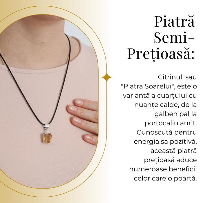 Colier Reglabil cu Pandantiv Argintiu 15mm in Forma Dreptunghiulara cu Citrin Natural Fatetat [3]