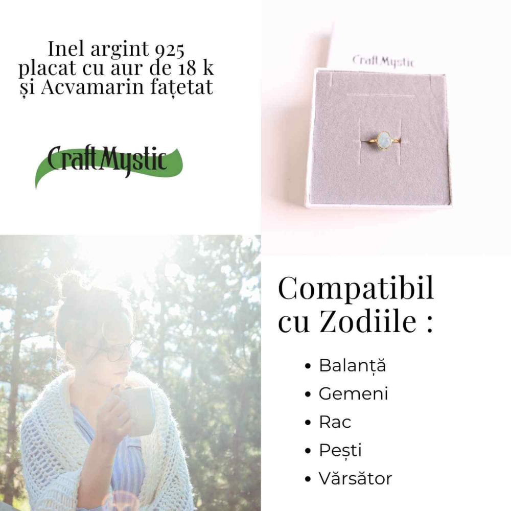 Inel cu Acvamarin Fatetat din Argint 925 placat cu Aur de 18K 1.54 gr – Liniste Interioara si Claritate in Comunicarea Sufletului [5]