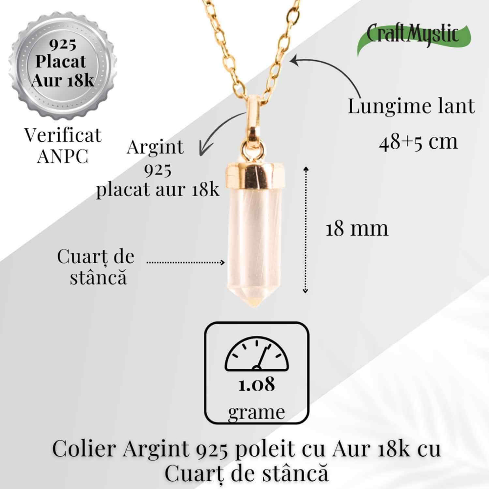 Claritate Mentala si Purificare – Colier din Argint 925 Placat cu Aur 18K cu Cuart de Stanca [5]