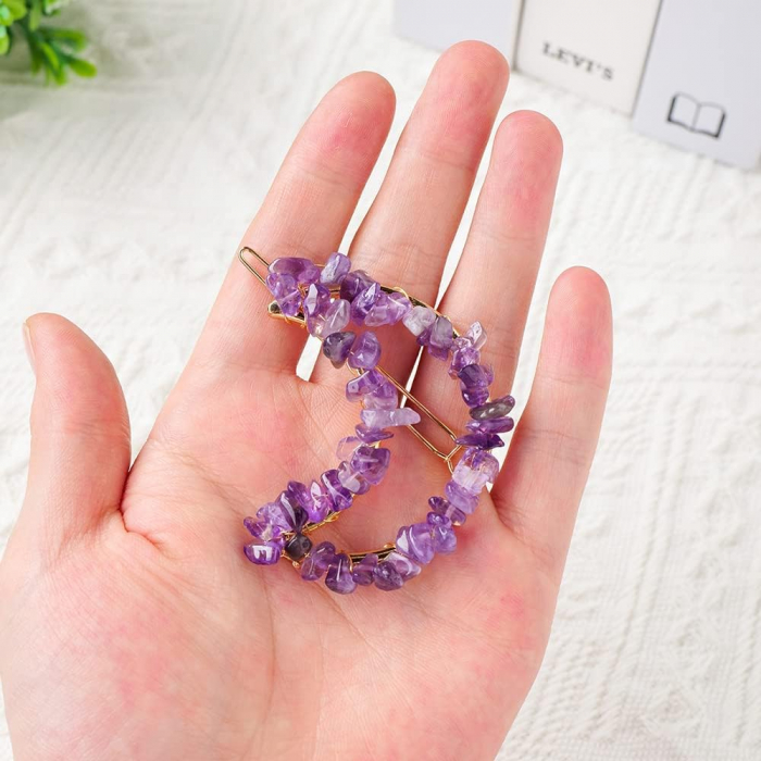 Cleme de par in forma de semiluna cu piatra naturala semipretioasa Ametist pentru un look chic si vibratii pozitive [2]