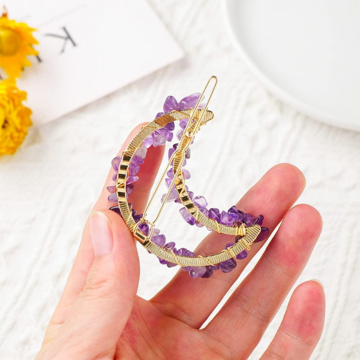 Cleme de par in forma de semiluna cu piatra naturala semipretioasa Ametist pentru un look chic si vibratii pozitive [3]