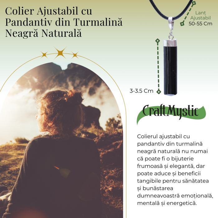 Colier Ajustabil cu Pandantiv din Turmalina neagra subtire 3-4 cm Argintiu [3]
