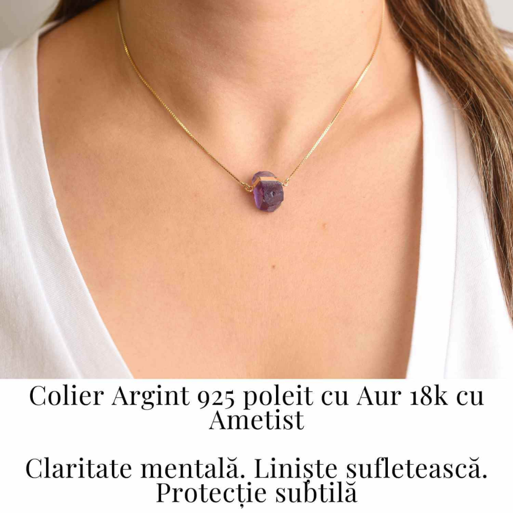 Colier Ametist Brut din Argint 925 Placat cu Aur 18K – Claritate Mentala si Liniște Interioara [2]