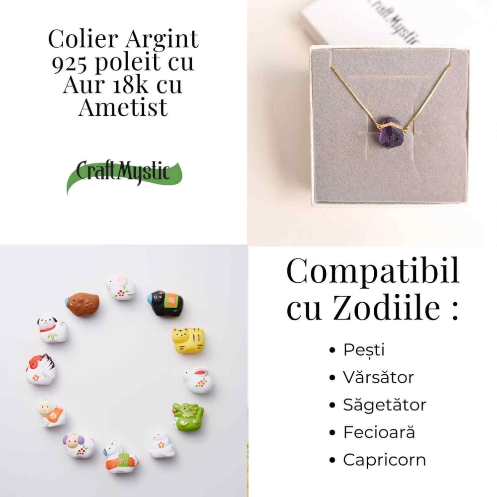 Colier Ametist Brut din Argint 925 Placat cu Aur 18K – Claritate Mentala si Liniște Interioara [4]