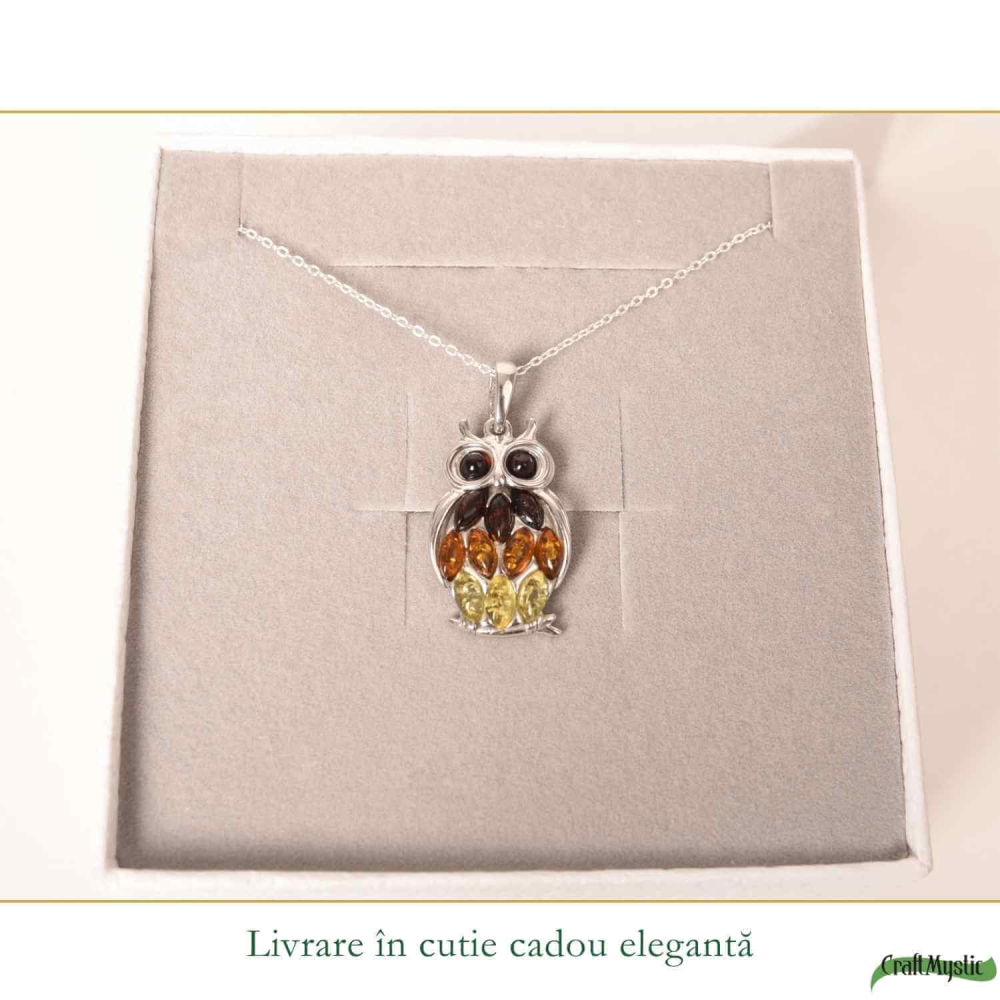 Colier argint 925 Bufnita 3 culori cu chihlimbar natural – Claritate si energie [6]