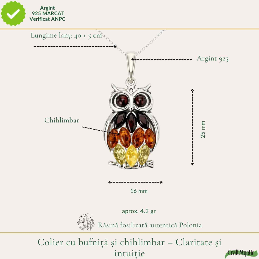 Colier argint 925 Bufnita 3 culori cu chihlimbar natural – Claritate si energie [4]