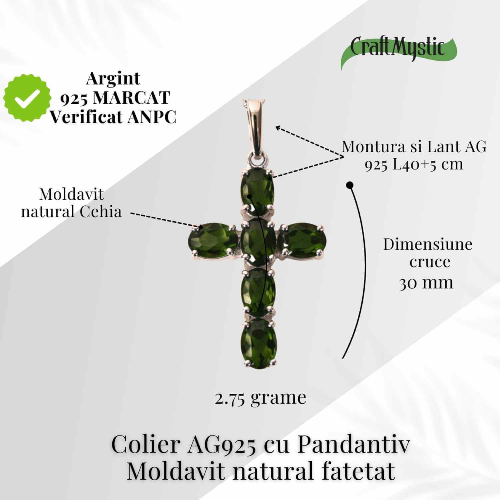 Colier cruce din Argint 925 rodiat cu Moldavit natural fatetat – protectie energetica si intuitie [3]