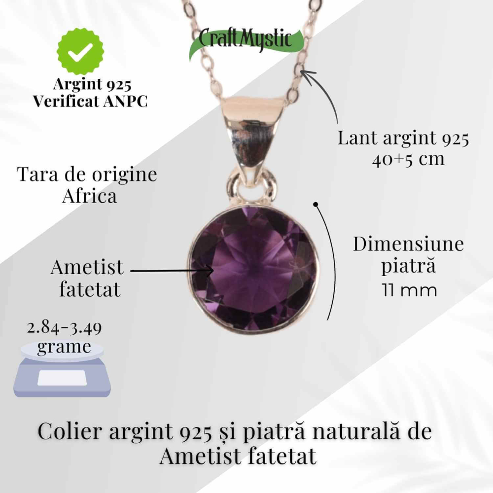 Colier Argint 925 cu Ametist Fatetat Rotund – Claritate Mentala si Protectie Spirituala [4]