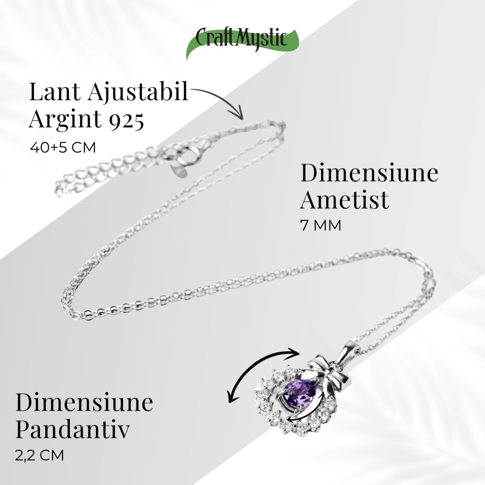Colier Argint 925 cu Ametist Natural si Zirconiu – Pandantiv Ghirlanda cu Fundita, Simbol al Linistii Interioare si Protectiei Energetice [5]