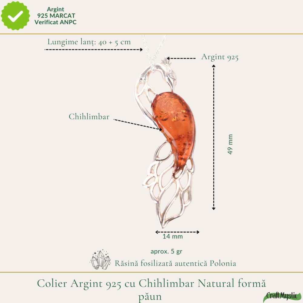 Colier argint 925 cu paun si chihlimbar natural – Energie solara si protectie [4]