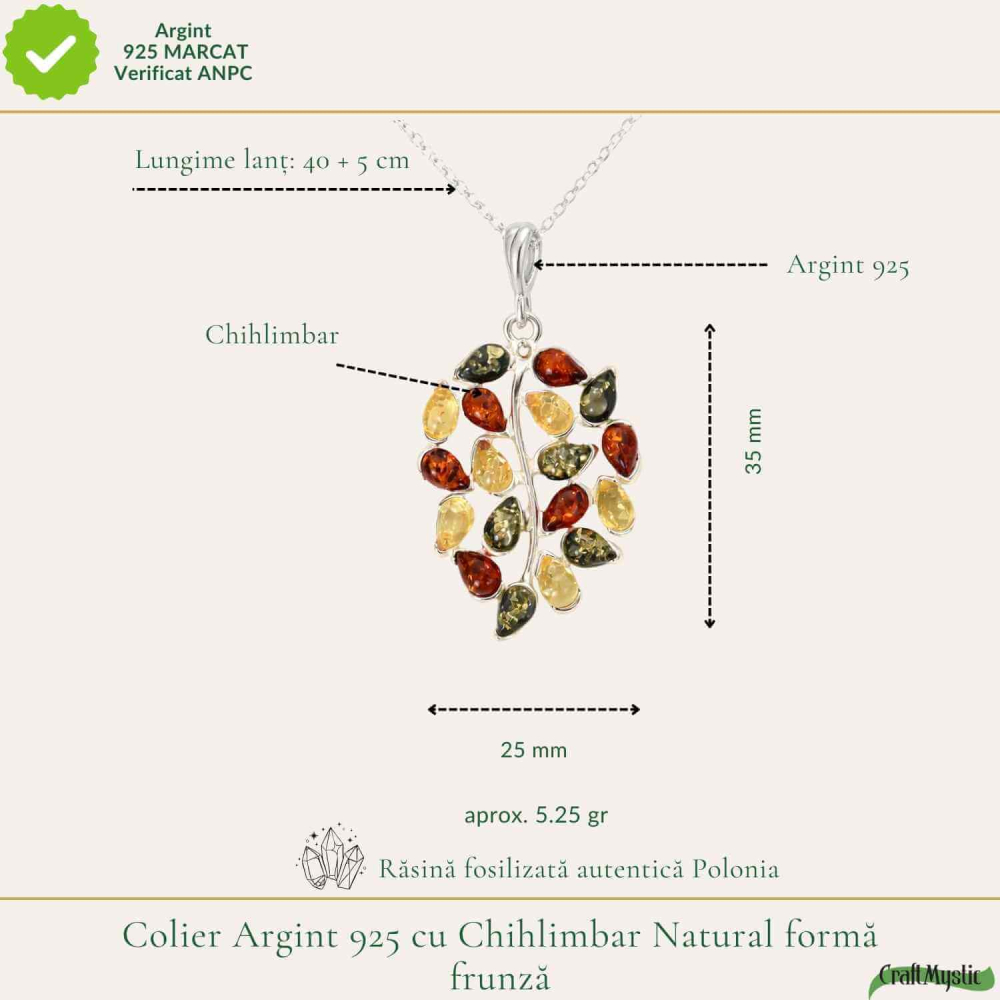 Colier argint 925 frunza si chihlimbar multicolor natural – Vitalitate si protectie [4]
