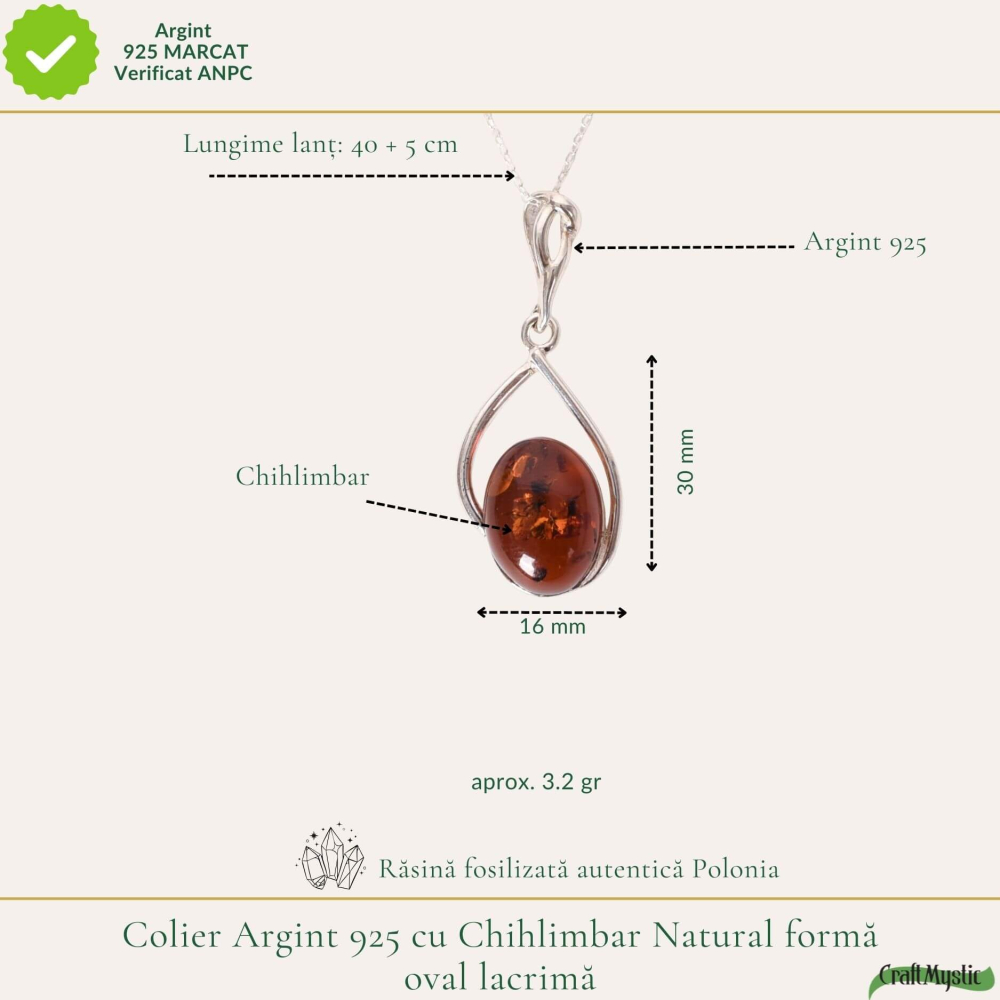 Colier argint 925 cu lacrima si chihlimbar oval natural – Energie solara si protectie [3]