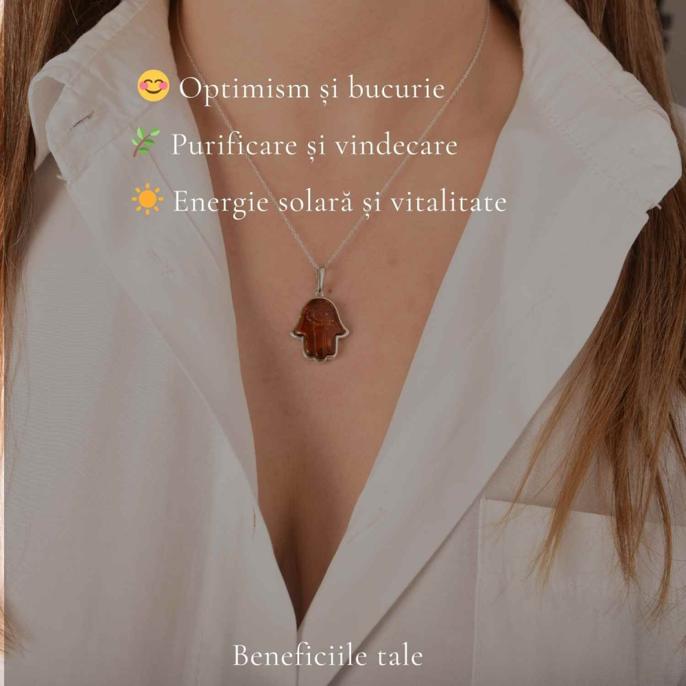 Colier argint 925 cu Mana lui Fatima si chihlimbar natural – Protectie si vitalitate [3]