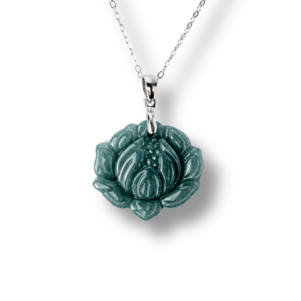 Colier Argint 925 cu Jad Albastru Guatemala in Forma de Floare de Lotus ,   Puritate si Armonie Interioara
