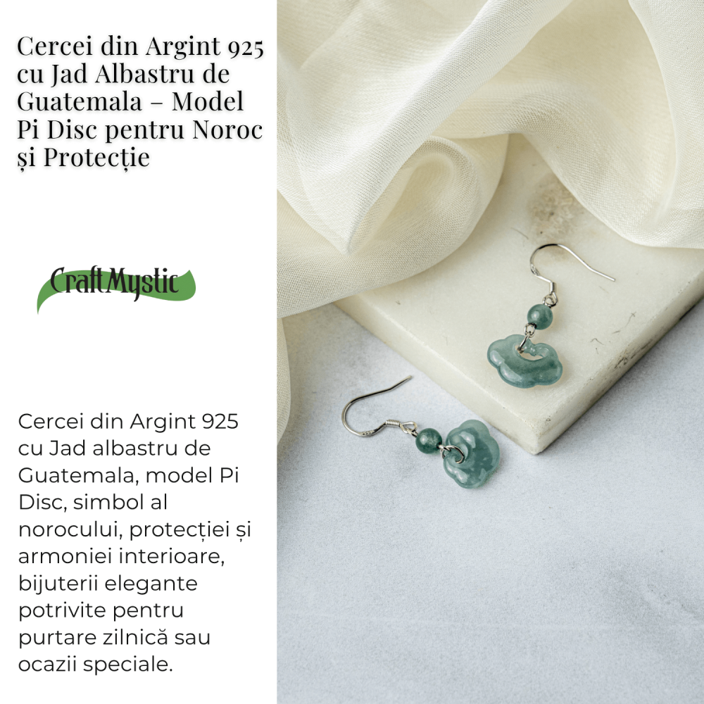Cercei Argint 925 cu Jad Albastru Guatemala – Model Nor Pi Disc pentru Noroc si Protectie [3]