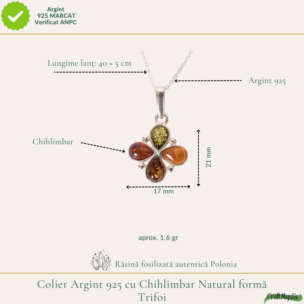 Colier argint 925 cu trifoi si chihlimbar natural – Energie solara si noroc [4]