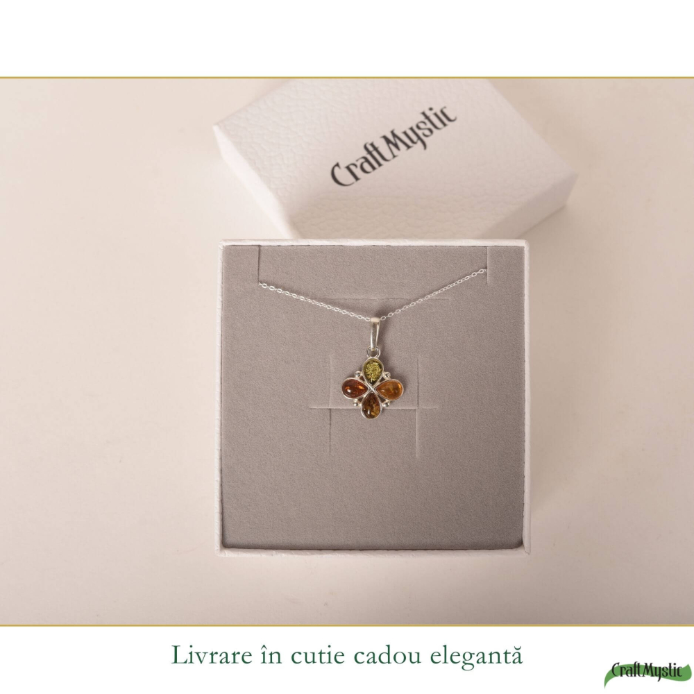 Colier argint 925 cu trifoi si chihlimbar natural – Energie solara si noroc [6]