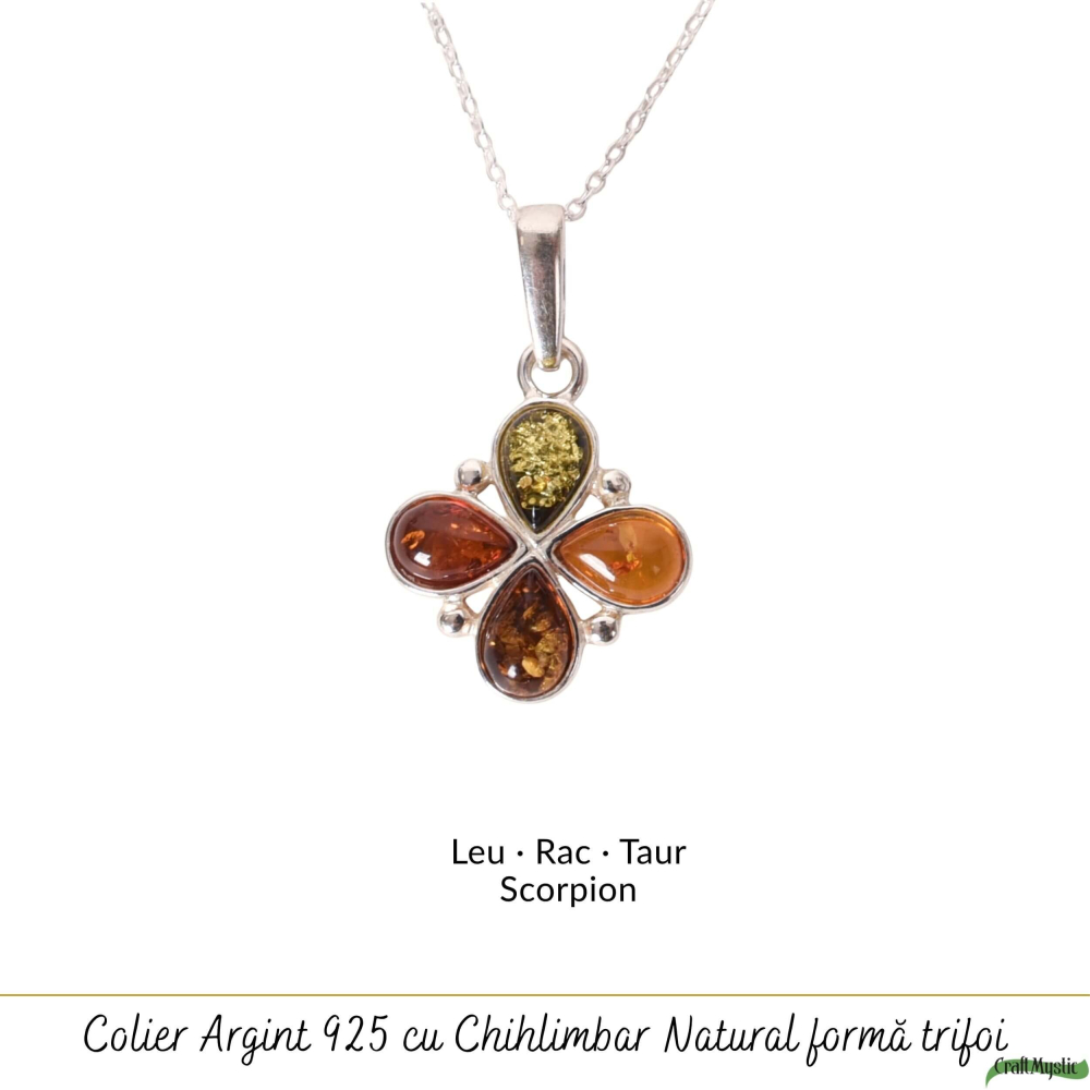 Colier argint 925 cu trifoi si chihlimbar natural – Energie solara si noroc [5]