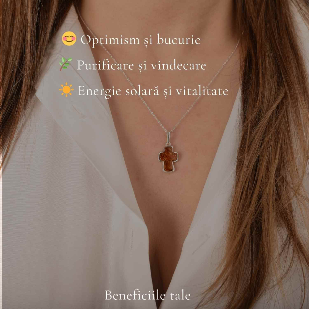 Colier argint 925 cu cruce mica si chihlimbar natural – Protectie si energie solara [3]