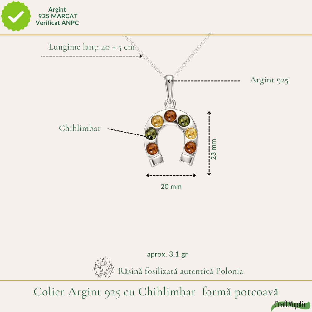 Colier argint 925 cu potcoava si chihlimbar natural – Noroc si energie solara [4]