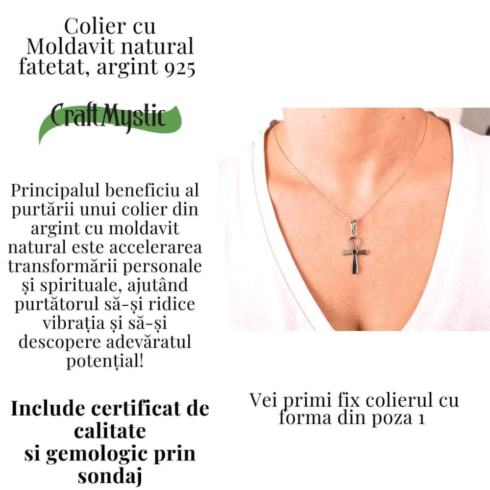 Colier Argint 925 Crucea ANKH cu Moldavit natural fatetat – simbol al vietii si transformarii [3]