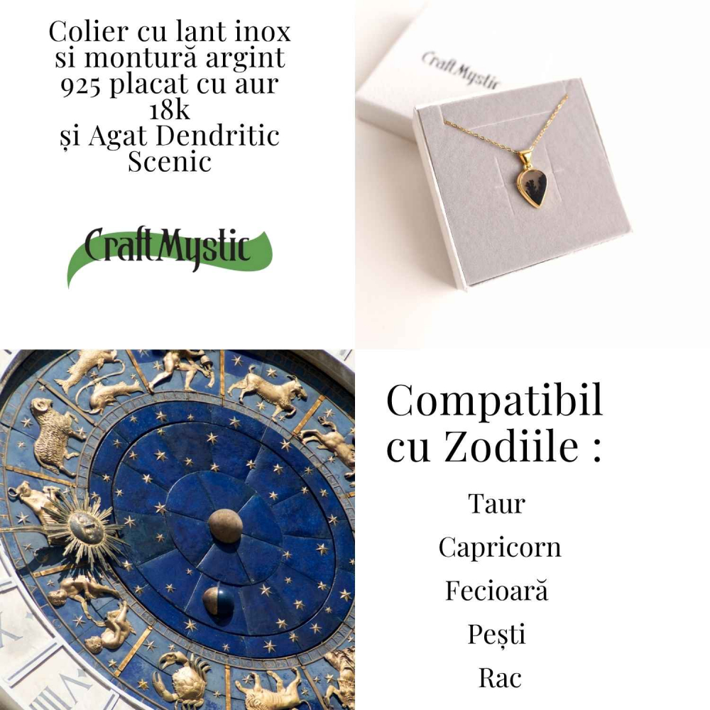 Colier lant inox cu pandantiv montura pe argint 925 placat cu aur 18k si Agat Scenic Dentritic - Claritate si echilibru emotional [3]